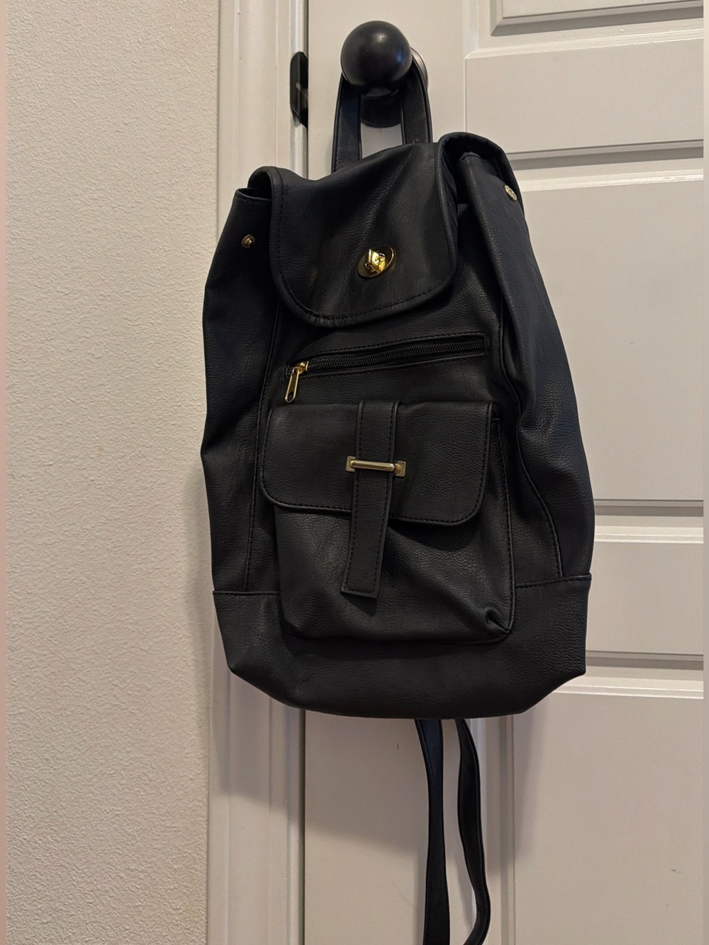 Black Leather-Style Backpack with Gold Accents